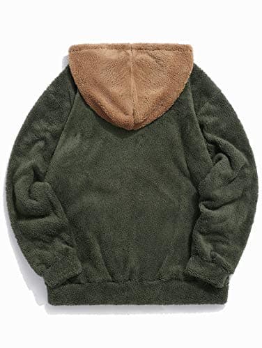ZAFUL Color Blocking Fuzzy Hoodie Unisex Men Sherpa Pullover Loose Fluffy Sweatshirt (Army green-B, L) - Thumbnail 2