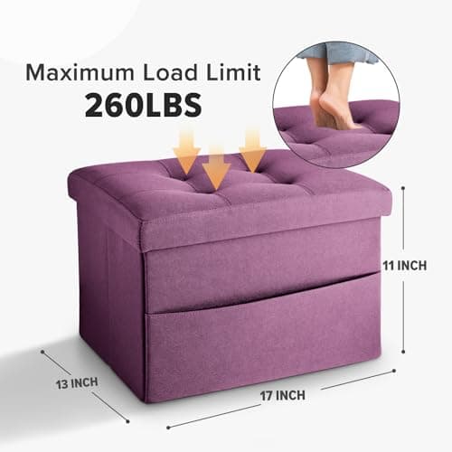 LINMAGCO Storage Ottoman Folding Foot Stool Foot Rest with Side Pocket Modern Ottoman with Storage Short Sofa Stool Linen Cloth 17x13x13(Purple) - Thumbnail 2