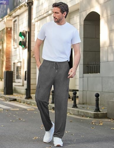 Deyeek Mens Sweat Pants Cargo Sweats for Men Baggy Cargo Sweatpants Open Bottom Gym Joggers Men's Athletic Pants with Pockets Charcoal - Thumbnail 3