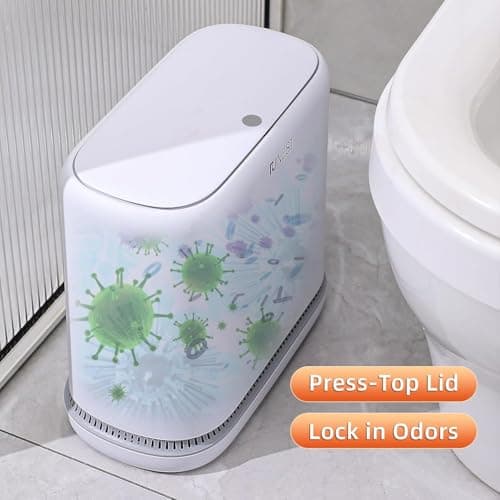 funest Bathroom Trash Can, 3.3 Gallon Slim Trash Can with Lid, Adsorption Garbage Can with Press-Top Lid, Small White Narrow Plastic Trash Bin for Bathroom, Office, Bedroom, Living Room - Thumbnail 3