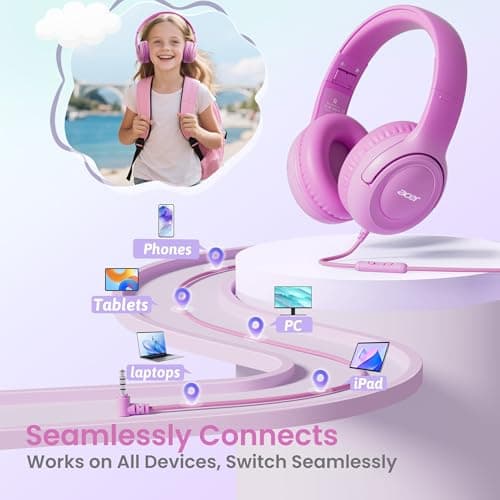 Acer Kids Headphones - 85/94dB Volume Limiter, Foldable Wired Over Ear Headphones for Travel, 3.5mm Jack, Toddler Headphones for School, Travel, iPad, Tablet, Pink Gradient, HK03 - Thumbnail 5