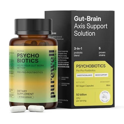 PUREWELL SCIENCES Psychobiotics – Advanced 3-in-1 Probiotic Prebiotic Postbiotic Supplement for Gut and Mood Support - 60 Vegan Probiotic Capsules – 50 Billion CFU – 1-Month Supply - Image 1