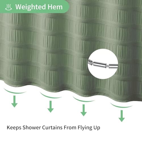 Lameirose Sage Green Shower Curtain Boho, Cotton Blend Waffle Shower Curtain Chic Textured Fabric Shower Curtains for Bathroom 72 x 72 Green - Thumbnail 5