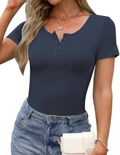 GKBK Ribbed Short Sleeve Tops for Women Henley Button Up Slim Fitted Tight Basic Tee Tshirts Cute Spring Summer Tops Blouse 2025 Trendy Outfits Dark Blue XS - Thumbnail 2