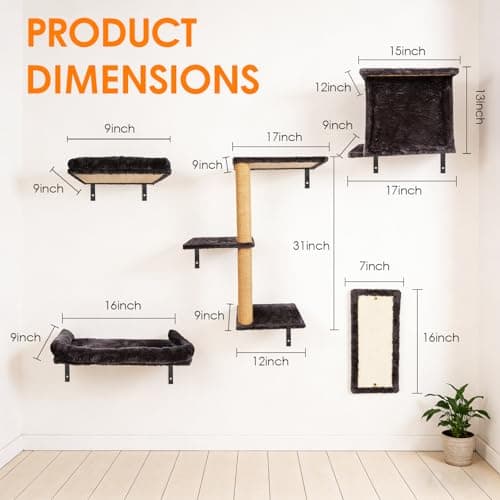 Teynouk 5in1 Cat Wall Shelves Climbing Systems, Large Cat Furniture Shelf Set Wall Hanging Mounted, Sisal Scratching Perch Bed 2 Steps Tower Tree for Indoor House Corner Ladder - Thumbnail 3