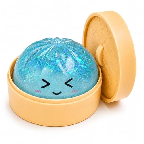Glitter Blue Dumpling Squishies, Shimmering Dumpling Toy, Soft Squeeze & Stretch Bao with Steamer Box, Washable Fidget Sensory Tool for Stress Relief, Colorful Mystery Party Favour Gift