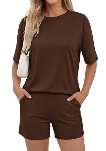 PRETTYGARDEN 2026 Women's Summer 2 Piece Sets Casual Lounge Set Short Sleeve Tops Shirts Shorts Travel Beach Vacation Outfits (Brown,Small) - Image 1