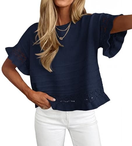KIRUNDO Short Sleeve Sweater for Women 2026 Spring Summer Tops Crochet Round Neck Ruffled Hem Knit Pullover Casual Blouse(Navy Blue, Medium) - Image 1