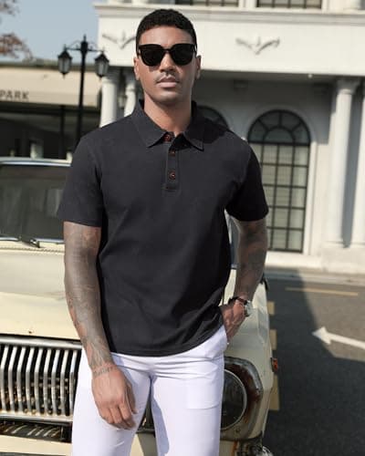 KUYIGO Men's Cotton Polo Shirts Short Sleeve Casual Summer Vintage Washed Shirt Classic Collared Shirt Black L - Thumbnail 2