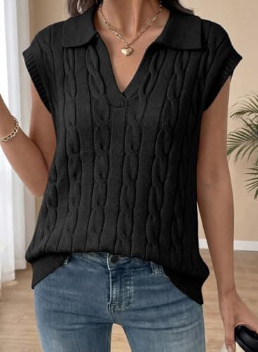 Dokotoo Womens Vest V Neck Lapel Collar Cable Knit Vest for Women Sleeveless Sweater Vest Knit Fashion Tops for Women Trendy Black XX Large - Thumbnail 3