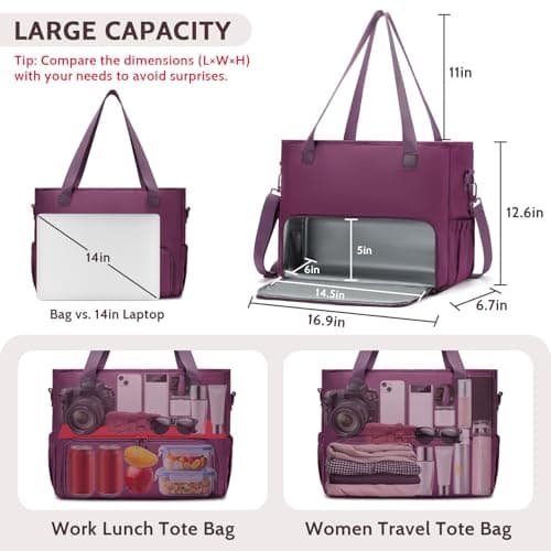 Lunch Tote Bag for Women with 15.6" Laptop Compartment, Work Tote Bag with Insulated Lunch Compartment, Large Casual Canvas Handbag Luncg Bags for Nurse, Teacher, Office, Travel, Beach, Purple - Thumbnail 2