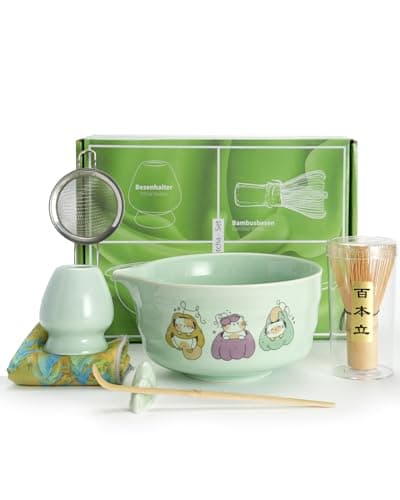 Matcha Whisk Tea Set Kit Japanese Matcha Kit - Matcha Bowl, Matcha Whisk and Holder, Bamboo Scoop, Scoop Rest, Sifter and Tea Towel - for Tea Ceremony Breakfast Lattes - Home Kitchen Christmas(Green) - Image 1