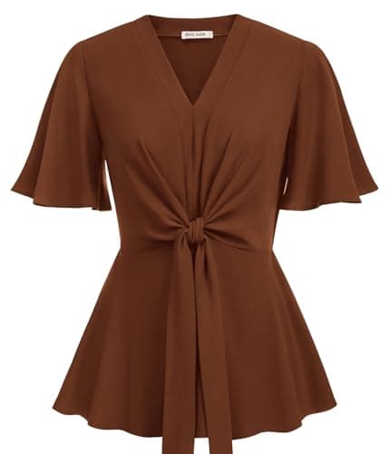 Women's Brown Peplum Tops V Neck Bell Sleeve Tops Tie Front Elegant Work Blouses M - Image 1