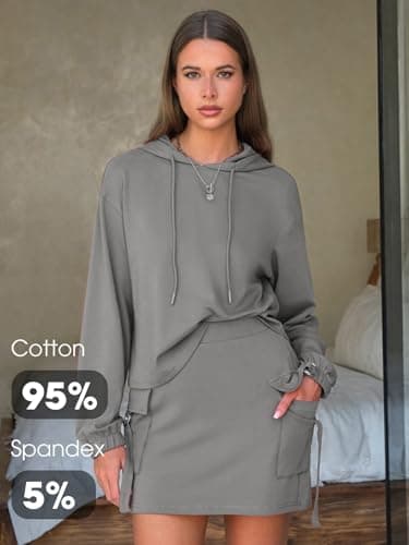 EXLURA Women Two Piece Set Cotton Sweatsuit Travel Airport Outfits 2026 Tracksuit Hooded Sweatshirt Cargo Skort Skirt Pockets - Thumbnail 4