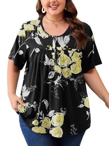 AusLook Plus Size Floral Tunic Tops for Women Pleated Babydoll Blouse Short Sleeve Round Neck Loose Fit Casual Flowy Black Golden Floral 3X Tunic Shirts Summer Tops to Wear with Leggings - Image 1