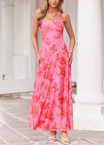 KIRUNDO Women's Summer Sleeveless Halter Floral Maxi Dress 2026 Beach Wedding Guest Cocktail Mesh Flowy A Line Long Sundress(Pink, Medium) - Thumbnail 3