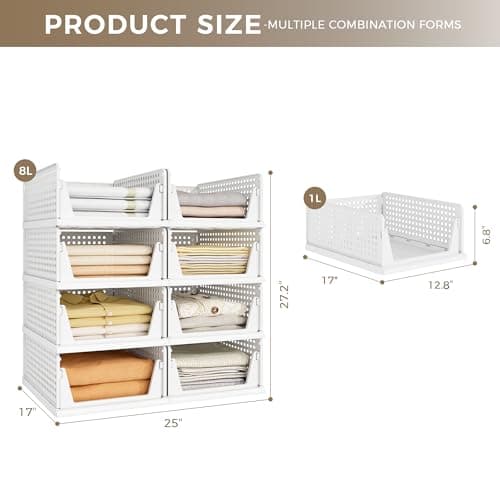 Pinkpum 8 Pack Closet Organizers and Storage Plastic Stackable Storage Bins, Foldable Drawer Shelf Storage Container for Wardrobe Kitchen Bathroom Dorm White - Thumbnail 2