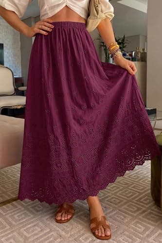 dowerme Women Summer Maxi Skirt Cute Elastic High Waist Boho Eyelet A-Line Cotton Flowy Long Skirts Spring Clothes 2026(Burgundy,Large) - Thumbnail 4