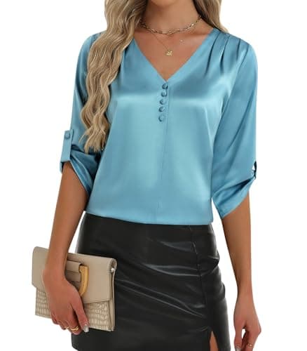 2026 Womens 3/4 Sleeve Shirts Dressy Casual Tops Pleated Satin Silk Business Blouses Blue - Image 1