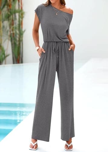 KIRUNDO Womens One Piece Off Shoulder Wide Leg Jumpsuits Casual Loose Stretchy Long Pant Rompers Jumper with Pockets 2025 Summer Work Outfits(Dark Grey, Large) - Thumbnail 5