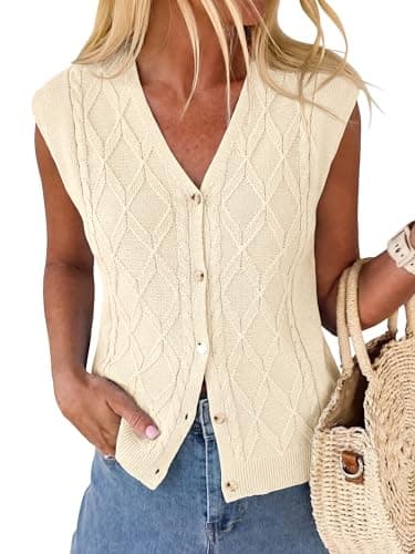 BTFBM Sweater Vest Women V Neck Cap Sleeve Button Down Knit Tops Spring Summer 2026 Loose Lightweight Cardigan Vests(Beige, XX-Large) - Image 1