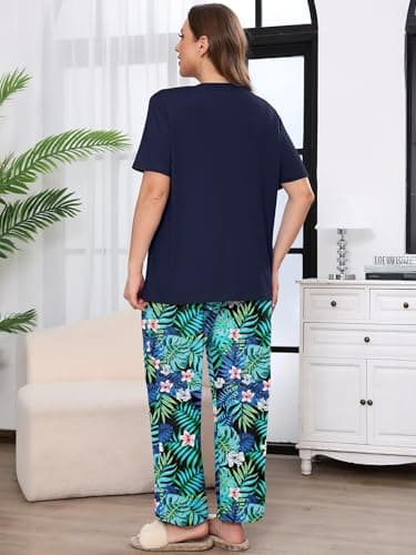 AusLook Plus Women Pajamas Set 2 Piece Lounge Sets Short Sleeve Top and Full Length Pant Chest Pocket Matching Maternity Christmas Print Black Jungle Blooms 2X Pjs Loungewear Sleepwear - Thumbnail 6