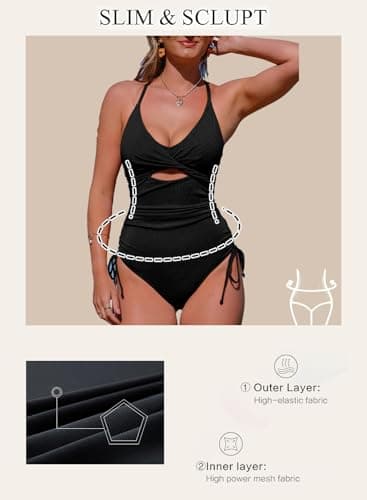 Aleumdr Women's Ribbed One Piece Swimsuit Tummy Control Bathing Suit Cheeky V Neck High Cut Cross Back Swimwear Black Small - Thumbnail 5