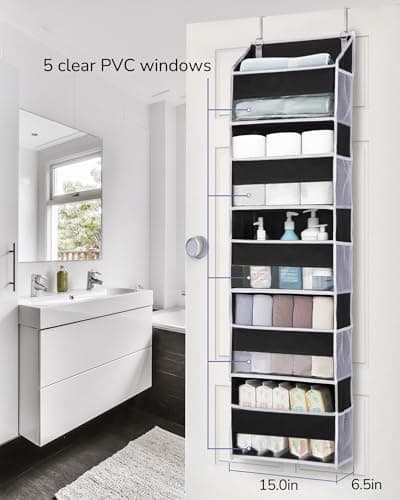 ULG 1 Pack Over The Door Organizer – 5 Shelf Door Organizer Hanging & 10 Side Pockets, Reinforced 44LB Capacity Hanging Organizer, Behind The Door Storage for Bedroom, Nursery, Pantry (Black) - Thumbnail 2