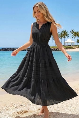 Autumn Flowerwall Women's Summer Maxi Dress Sleeveless Premium Lyocell Breathable Smocked Elastic Waist Tiered Flowy Long Dress with Pockets Beach Vacation Wedding Guest Garden Party Black XL - Thumbnail 2