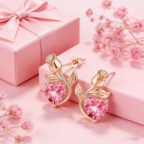 JACUPO 0.8CT Rose Heart Earrings Option of Sapphire Moissanite Stud Earrings Lab-Grown Earrings Birthstone Earrings for Women S925 Sterling Silver Post D Color VVS1 Clarity Ideal Gift for Wife Mother for Birthday Anniversary Valentine's Day Conveying I Love You Message (Oct Pink Rose Gold) - Thumbnail 5