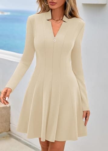 Lazysmile Fall Dresses for Women 2025 Long Sleeve V Neck Half Zip A Line Swing Casual Party Club Mini Short Dress Apricot - Thumbnail 3