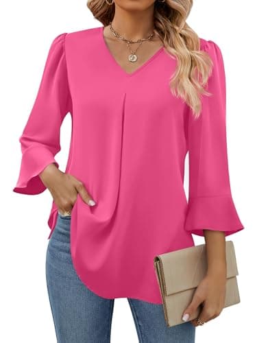 Funlingo Womens Work Tops Dressy Casual V Neck Business Tunic Blouses 3/4 Sleeve Hot Pink Formal Shirts for Office Pleatings Rose Red 3XL - Image 1