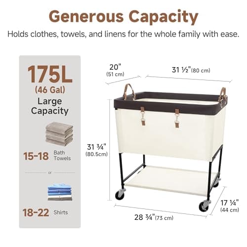 StorageWorks Laundry Cart, 2 Tier Rolling Laundry Basket, Heavy Duty Laundry Basket with Lockable Wheels, Laundry Room Organization and Storage, Clothes Hamper for Bedroom, Dorm, Closet, 46Gal, Beige - Thumbnail 3