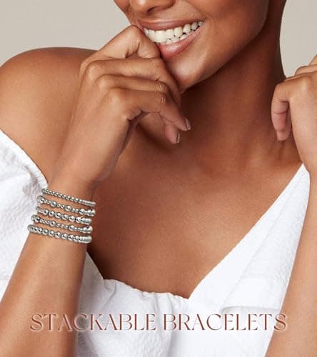 adoyi Silver Bracelets for Women Beaded Bracelet 14K Gold Plated Bracelet Stack Strand Stretch Bead Ball Bracelet Set Stackable Bracelet Adjustable Bracelet Set Jewelry for Women 6.8 inches - Thumbnail 3