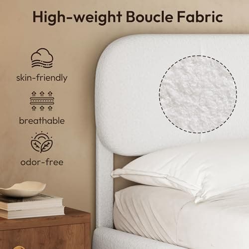 Uteeran Full Size Bed Frame with Storage, Boucle Cloud Bed with 4 Locking Drawers & LED Lights, Modern Upholstered Platform Bed, Plush Sides & Footboard, Adjustable Headboard, No Box Spring, White - Thumbnail 5