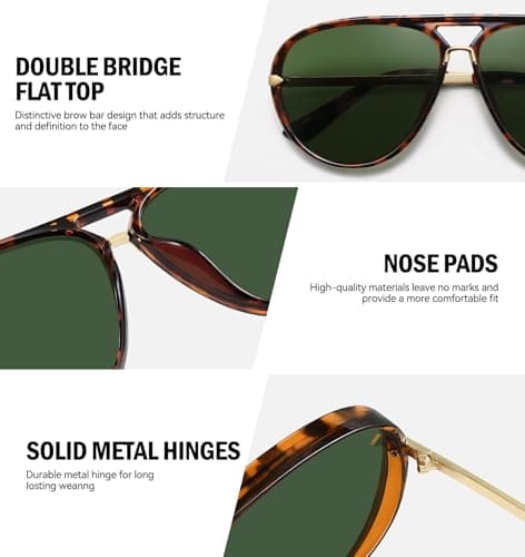 LOOMAKA Oversized Aviator Sunglasses for Women, Trendy Retro 70s Flat Top Shades, Gold Metal Double Bridge Design with UV400 Protection for Driving & Vacation - Thumbnail 4