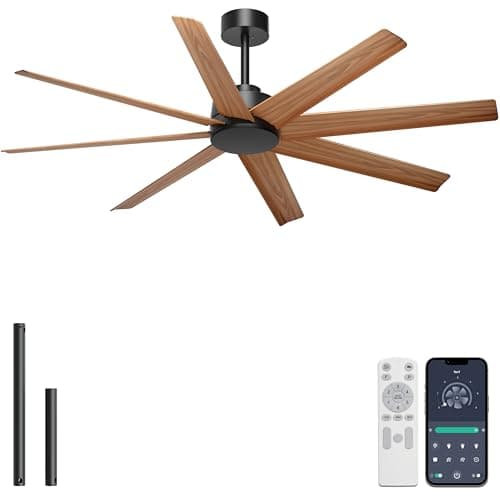 Ohniyou 60'' Ceiling Fan No Light - 8 Blades Modern Farmhouse Ceiling Fan Remote/APP Control, Covered Outdoor Ceiling Fan for Patio, Living Room, Black+Wood Color - Image 1