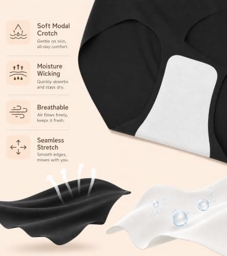 OWNFUN Black Seamless Underwear Womens Laser Cut Underwear No Show Hipster Panties Mid Waisted Full Coverage Hipster Panties 3-Pack - Thumbnail 5