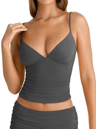 PINKMSTYLE Women Sexy Deep V Neck Double Lined Sleeveless Fitted Basic Tops Y2K Tank Top Cami Deep Grey Medium - Thumbnail 2