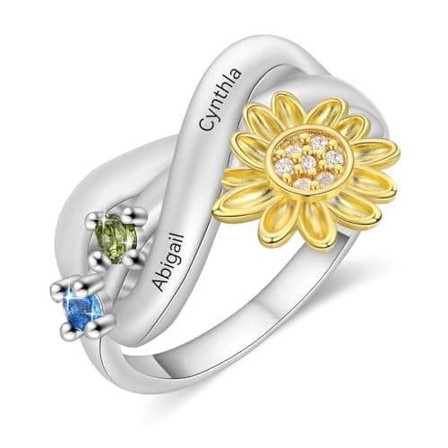 Personalized Mothers Ring with 2-4 Birthstones, Custom Name Sunflower Ring for Women Engagement Wedding Promise Birthstone Ring Mothers Day Christmas Birthday Gifts for Mom Grandma Wife (Sliver-2Stones, 8) - Image 1