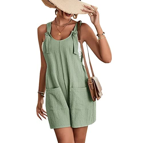 EGUGYDW Summer Rompers for Women Tie Knot Front Sleeveless Wide Leg Short Jumpsuits Army Green XS - Image 1