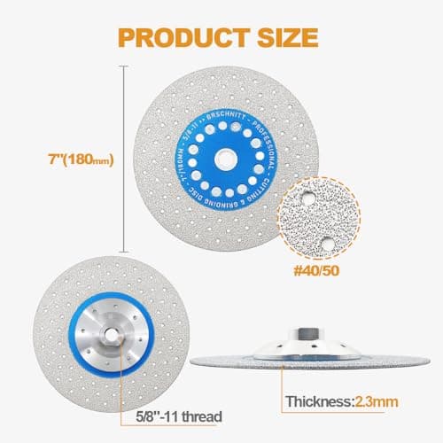 Diamond Granite Cutting Wheel,BRSCHNITT 7 Inch 180mm Vacuum Brazed Angle Grinder Diamond Blade with 5/8-11 Thread for Grinding Beveling Shaping Rounding Granite,Porcelain,Tile,Stone,Marble,Quartz - Thumbnail 2