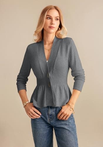 GRACE KARIN Women Cardigan Sweaters 2025 Fall,Long Sleeve Cropped Sweater Coat Trendy,Button Front Peplum Tops Lightweight Gray - Thumbnail 2