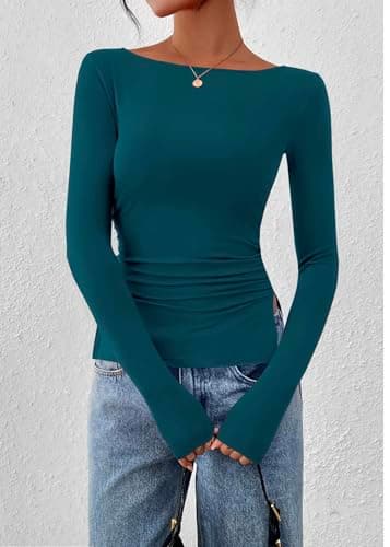 KIRUNDO Long Sleeve Going Out Tops for Women 2026 Spring Casual Boat Neck Workout Shirts Fall Fitted Side Slit Basic Tees(Lake Blue, X-Large) - Thumbnail 3