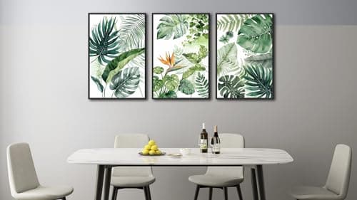 Large Framed Botanical Wall Art Canvas Prints Set of 3, Tropical Plants Pictures Foliage Bird of Paradise Art, Green Leaf Bohemian Painting Artwork for Living Room Bedroom Office Decor 24"x36"x3 - Thumbnail 4
