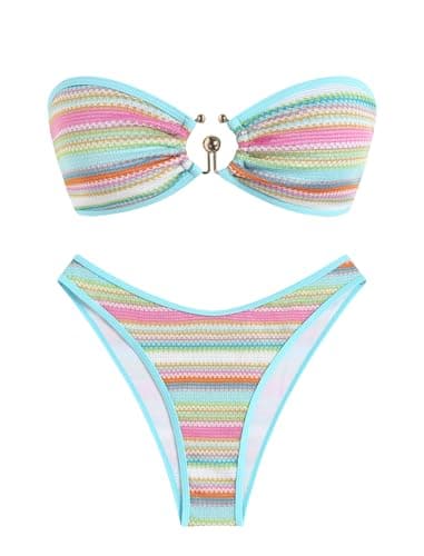 ZAFUL Women's Bandeau Bikini Sets Crochet Boho Stripe Bathing Suit for Women Bandeau Swim Top for Summer Party (Stripe Sky Blue XS)