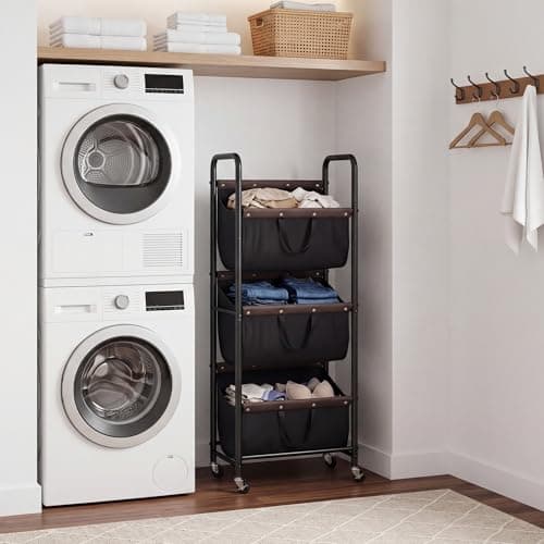 GRANNY SAYS 3 Tier Laundry Sorter, Laundry Basket with Wheels, Laundry Room Organization and Storage, 3 Section Rolling Laundry Cart for Dorm, Bathroom, Bedroom, Closet, Black - Thumbnail 6