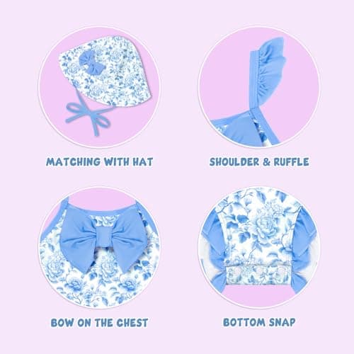 NikNio Toddler Swimsuit Girl Baby Girl Bathing Suit One Piece Sleeveless Newborn Infant Girl Swimwear with Hat Blue Flower 12-18 Months - Thumbnail 3