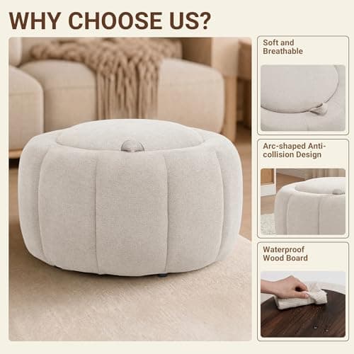 Tbfit Round Storage Ottoman with Hidden Storage, 27.2 x 27.2 x 15.8 Inches - Thumbnail 5