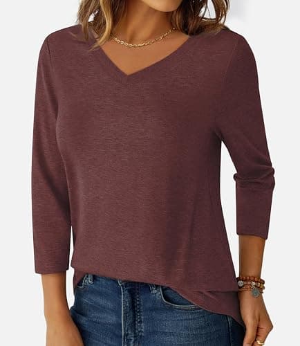 GKBK Womens Tops 3/4 Sleeve Shirts V Neck Casual Blouses Basic Loose Fit Pullover Tshirts Wine Red S - Thumbnail 5